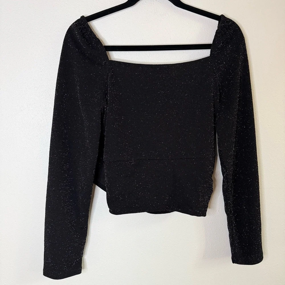 1 State Black Sparkle Square Neck Puff Sleeve Party Top L